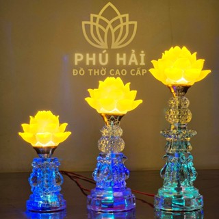 Đèn thờ hoa sen 1 bông chân thủy tinh đổi màu cao 20 cm 27 cm 35 cm  - Dâng bàn thờ HCM HỎA TỐC