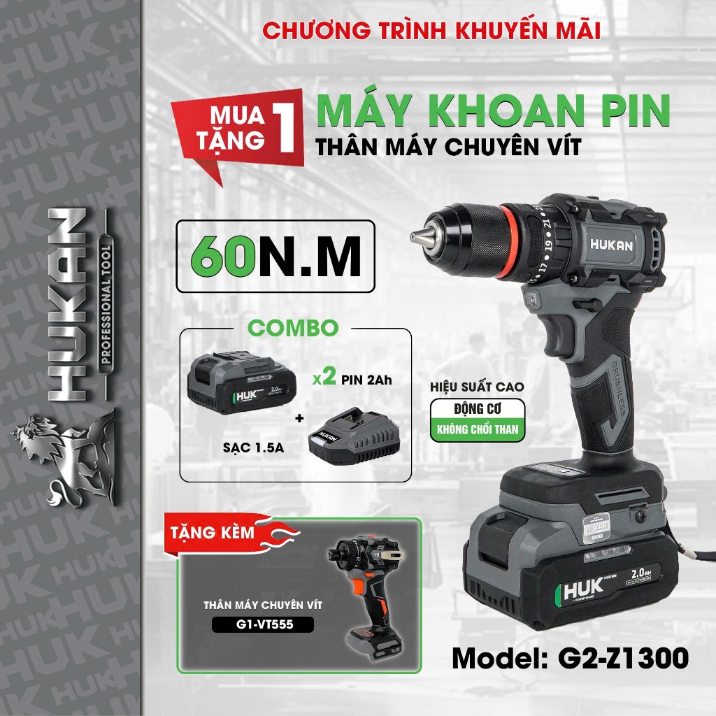Máy Khoan Pin HUKAN G2-Z1300, 60Nm, 3 Chức Năng 13mm, Không Chổi Than, Có Khóa Trục & Tạo Xung