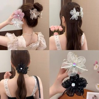  Kẹp tóc cào tóc hoa voan lưới nơ đính hạt kim tuyến sang trọng phong cách Hàn 