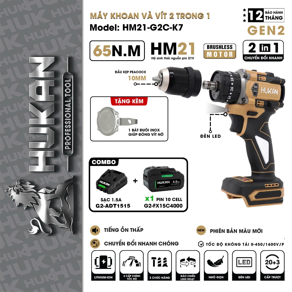 Máy khoan pin kèm bắn vít 6.35 HUKAN HM21-G2C-K7 hoặc HM21-G2X-K7, BRUSHLESS MOTOR, 3 Chức Năng 10mm