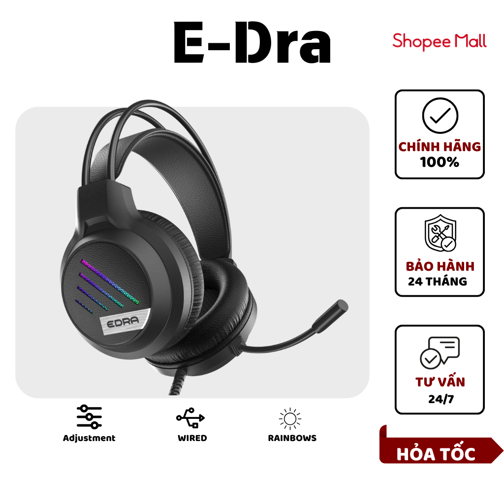 Tai Nghe Chụp Tai GAMING E-DRA EH404/ EH406 âm vòm 7.1 có Mic Short, LED RGB - Bảo Hành 2 Năm