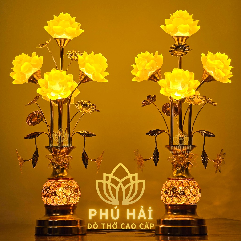 Đèn Thờ Lưu ly 5 Bông Thân Đan Lỗ Cao 56 cm 63 cm - Giá 1 đôi - KM TẶNG LED DỰ PHÒNG cắm điện