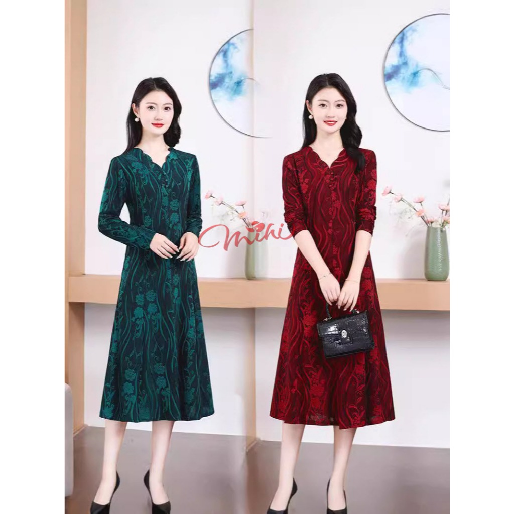 Đầm trung niên nữ cao cấp V64 - Váy thu đông dài tay cho người lớn tuổi tặng mẹ U50 U60 U70 giá rẻ
