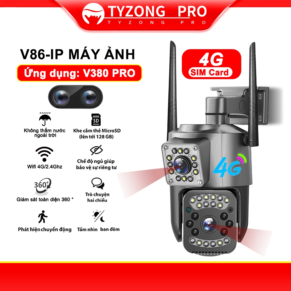 TYZONG PRO Dual Lens camera V86 quan sát camera giám sát không dây ngoài trời 4G camera an ninh Wifi IP ống kính kép