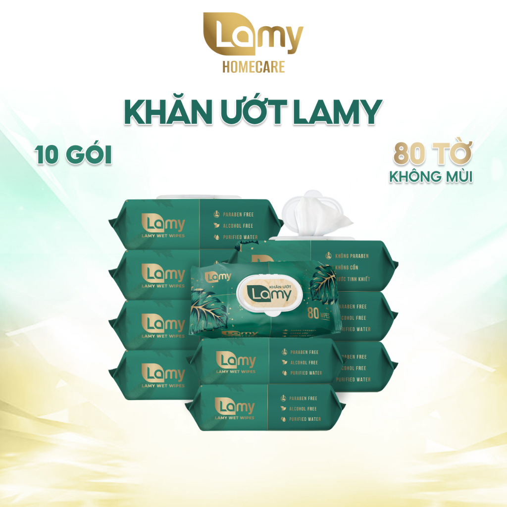Thùng 10 gói khăn ướt Lamy HomeCare không cồn không parabens cao cấp dành cho em bé gói 80 tờ