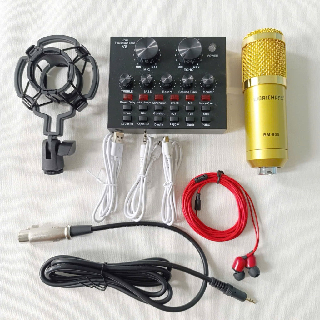 Combo V8 bm900 thu âm livestream sound card v8 có bluetooth tặng kèm tai nghe