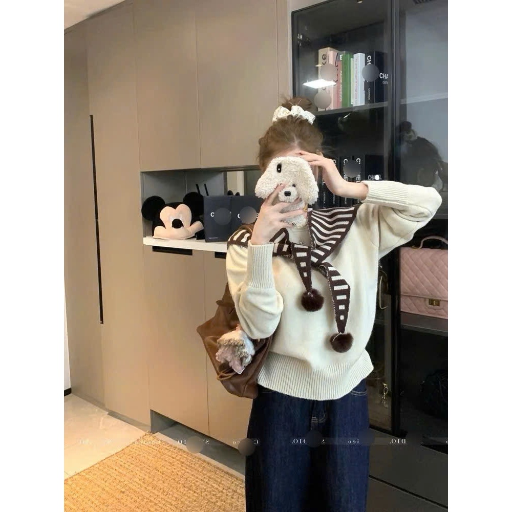 [SẴN] Áo len trơn màu đỏ kèm khăn choàng kẻ mua thu đông,  áo len nữ basic khăn kẻ thủy thủ quả bông - 223 | BigBuy360 - bigbuy360.vn