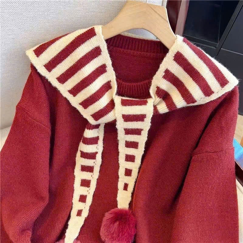 [SẴN] Áo len trơn màu đỏ kèm khăn choàng kẻ mua thu đông,  áo len nữ basic khăn kẻ thủy thủ quả bông - 223 | BigBuy360 - bigbuy360.vn