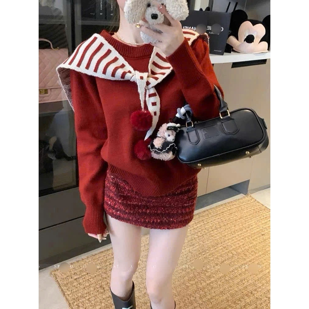 [SẴN] Áo len trơn màu đỏ kèm khăn choàng kẻ mua thu đông,  áo len nữ basic khăn kẻ thủy thủ quả bông - 223 | BigBuy360 - bigbuy360.vn