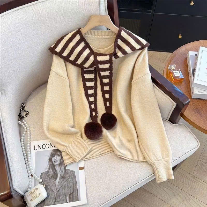 [SẴN] Áo len trơn màu đỏ kèm khăn choàng kẻ mua thu đông,  áo len nữ basic khăn kẻ thủy thủ quả bông - 223 | BigBuy360 - bigbuy360.vn