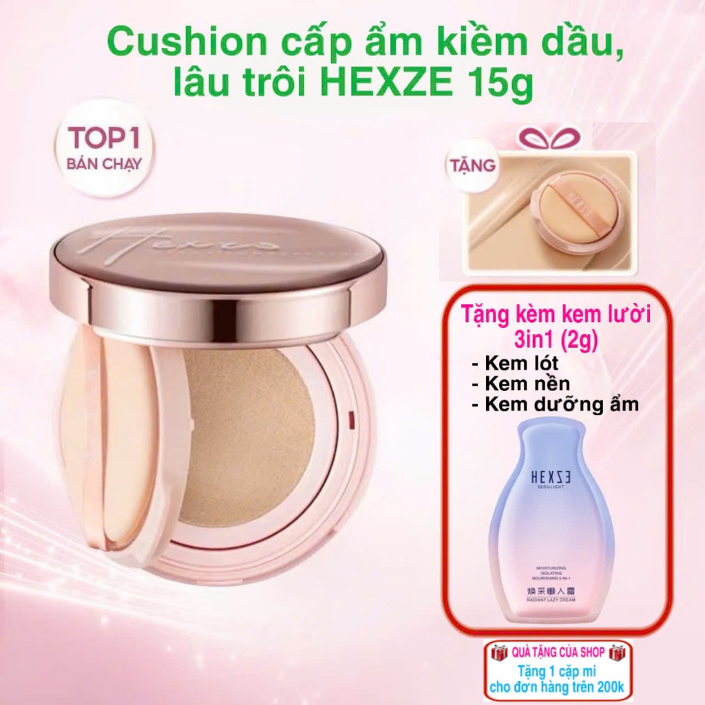 Cushion Hexze 15g, phấn nước kiềm dầu, căng bóng, mỏng nhẹ, nâng tone tự nhiên