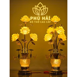  Đôi Đèn Thờ Hoa Sen 5 Bông Bình Thủy Tinh Lưu Ly Thân Hợp Kim - HCM tặng led dự phòng cắm điện 