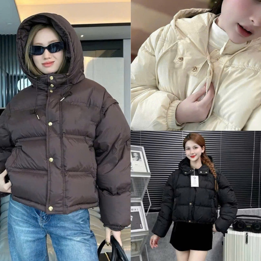 (Hàng Shop): Áo Phao Béo Nhồi Bông Có Mũ Khuy Bấm Dáng Ngắn Cao Cấp Kèm Dây Rút Xịn Xò 3 Màu Siêu Ấm
