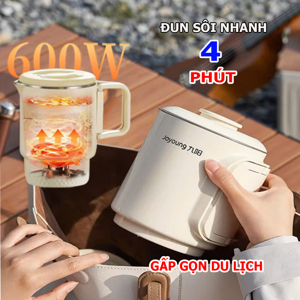 Ấm siêu tốc mini gấp gọn, ấm đun nước nấu mì du lịch đa năng thông minh 600W, lõi cách nhiệt inox 304 800ml