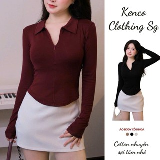   Mở Bán  Áo Thun Nữ Tay Dài Ôm Body Cổ Bẻ Phối Khoá Kéo Dáng Vạt Bầu Cotton nhuyễn Kenco Sg M2705 