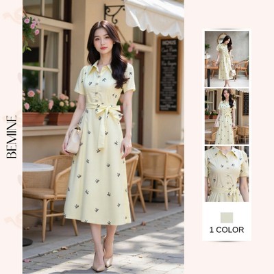 Đầm thiết kế BEMINE cổ sơ mi in nơ dáng chữ A phù hợp đi làm-MT11015