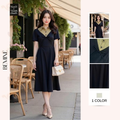 Đầm thiết kế BEMINE cổ sơ mi phối ren hoa đính nơ dáng chữ A phù hợp đi làm-MT11025