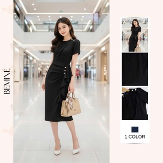  Đầm thiết kế BEMINE cổ tròn xếp ly hông dáng bút chì phù hợp đi làm đi tiệc-MT11187 