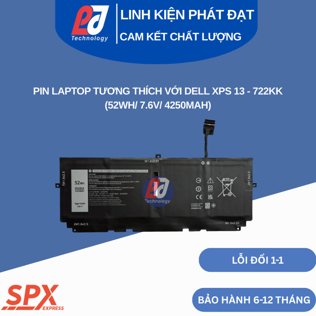 Pin Laptop Tương Thích Với Dell XPS 13 - 722KK (Loại Zin) (52Wh/ 7.6V/ 4250mAh)
