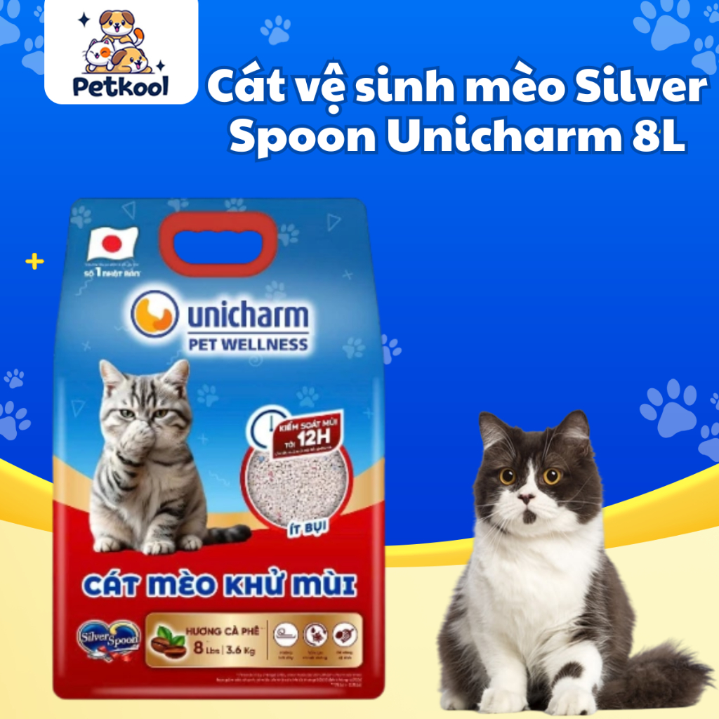 Cát vệ sinh mèo Silver Spoon Unicharm 8L chính hãng Nhật Bản | Kiểm soát mùi 12h | Ít bụi an toàn PETKOOL