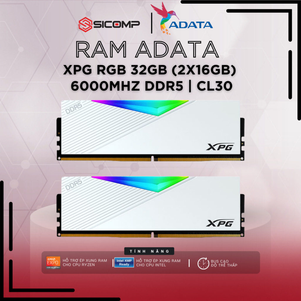 RAM ADATA XPG LANCER RGB WHITE(EXPO/XMP 3.0)- 32GB (2x16GB) 6000MHz DDR5 | CL30, BẢO HÀNH 60T