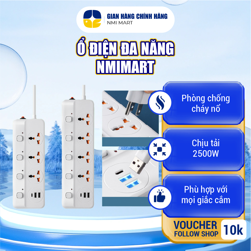Ổ cắm điện NMIMART 2 cổng USB sạc nhanh 2500W, tiết kiệm 30KWH, dây 2.5M - OCD08.