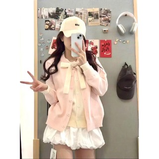   SẴN  Áo khoác len nữ phong cách ngọt ngào nhẹ nhàng Áo len Cardigan 2 lớp phối nơ màu trắng - 225 
