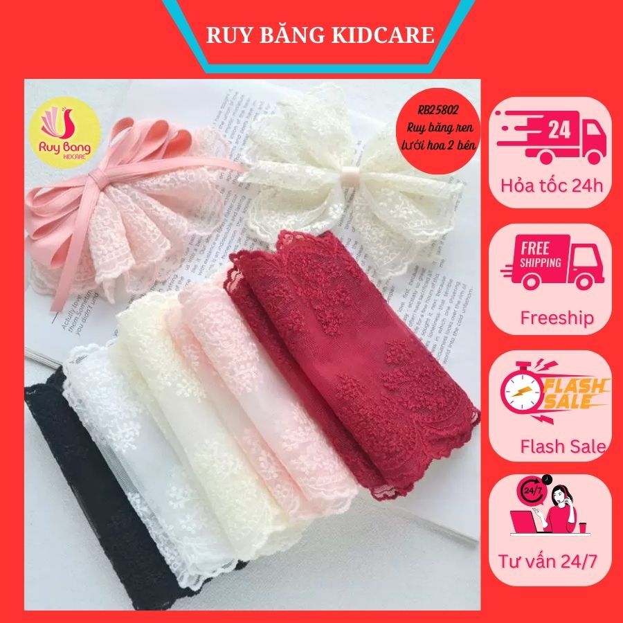 Ruy băng ren lưới hoa 2 bên RB25902, cuộn ruy băng ren, làm dây buộc tóc,phụ kiện may mặc, may viền 