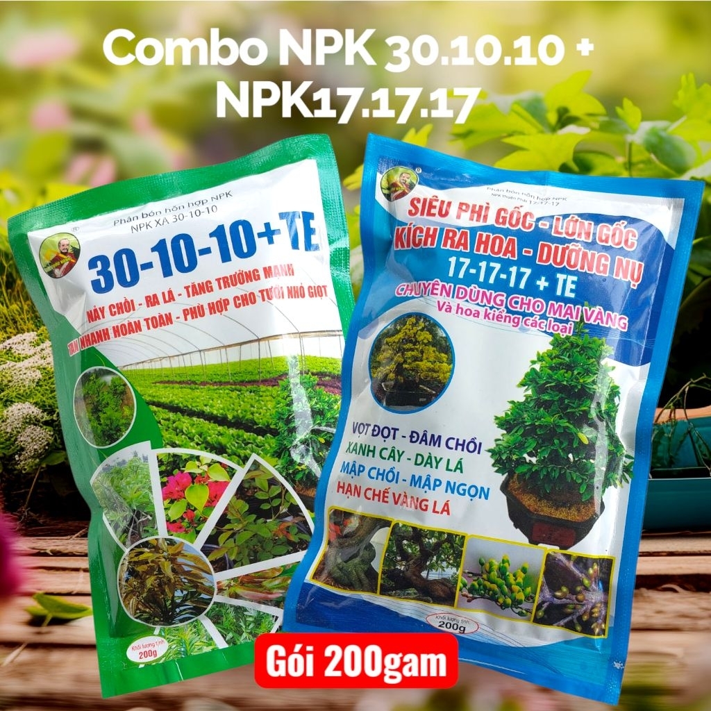 Combo 2 gói phân bón Npk 30.10.10+Te và Npk 17.17.17 +Te mỗi gói 200gam