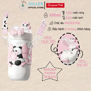  Bình giữ nhiệt Diller D9319 Sakura Panda Series  gấu trúc hoa anh đào  490ml ống hút dây đeo 