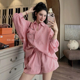 Set Bộ Đồ Nữ Đũi Phồng Kẻ Caro Hồng Áo Sơ Mi Thụng Thêu Mèo Kitty Dài Tay Mix Quần Sooc Đùi Ống Rộng 