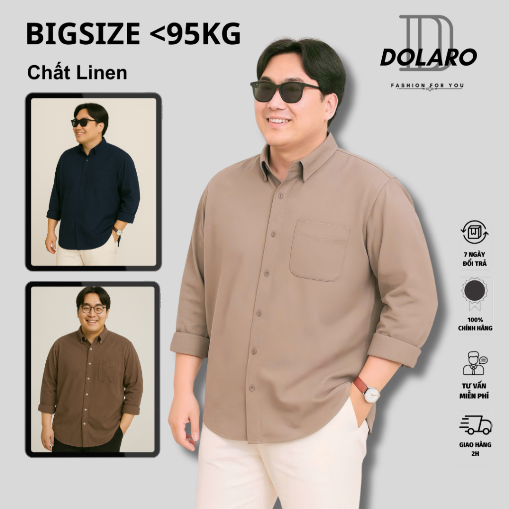 Combo Áo Sơ Mi Nam BigSize Dài Tay DOLARO Chất Linen Cao Cấp Kèm Quần Short Kaki Đen, Phong Cách Hàn Quốc Thoải mái | BigBuy360 - bigbuy360.vn