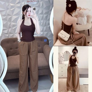   Dưới 54kg  Set áo yếm choàng cổ nâu+quần ống suông rộng vải dù gió lưng chun có túi tôn dáng 