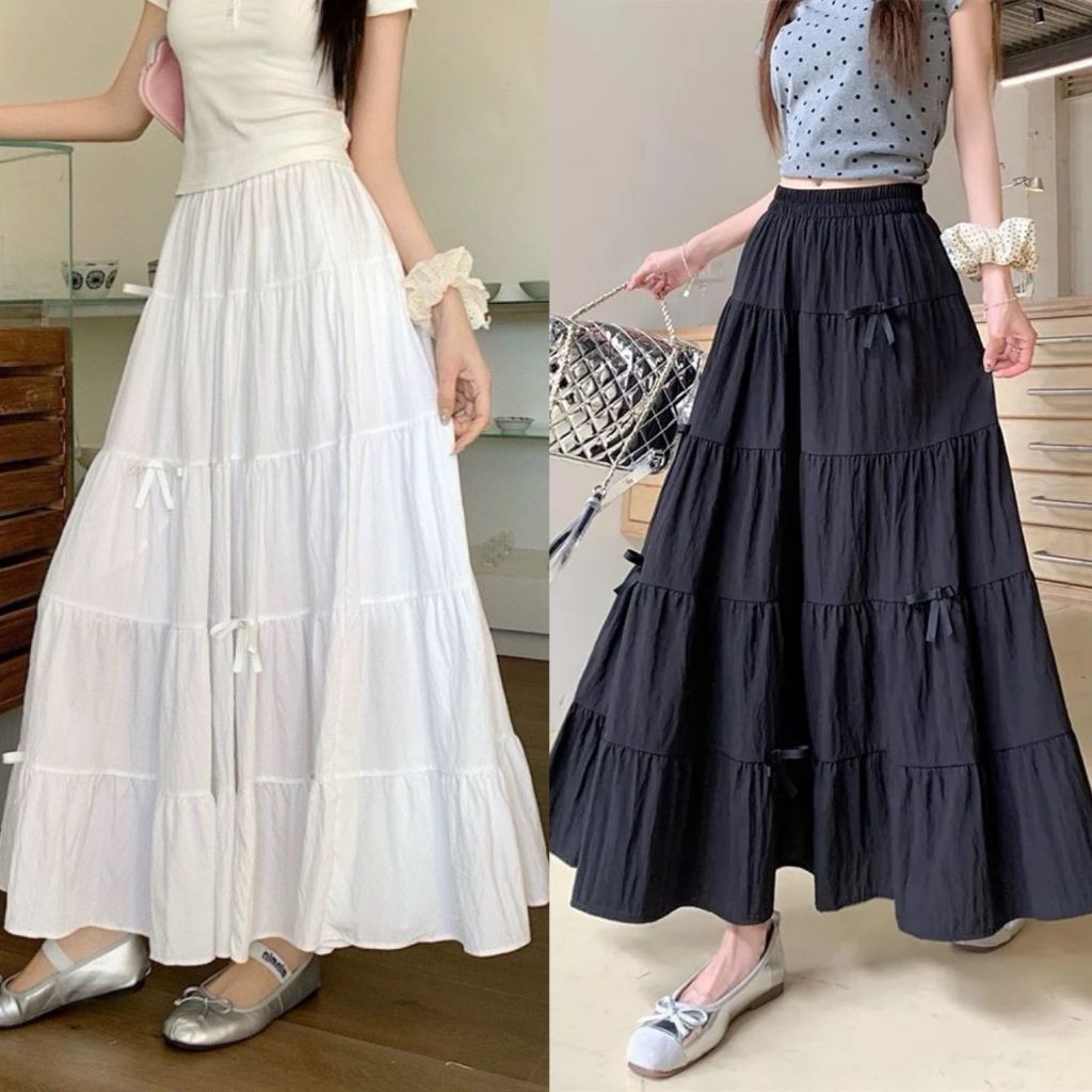 Váy midi dài xếp tầng phối nơ