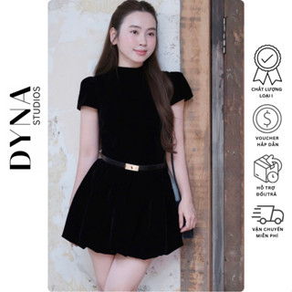  Váy Nhung Cổ Cao V-CHIC Tay Ngắn Xoè Bồng Kèm Thắt Lưng 