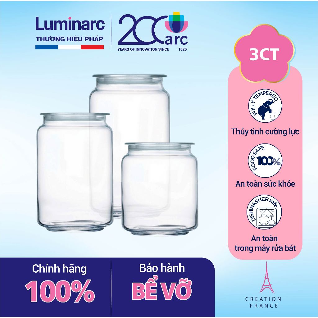 Bộ 3 hũ thủy tinh Luminarc Rondo dung tích 0.5L, 0.75L, 1L I hũ đựng thực phẩm P7535/P7536/P7537