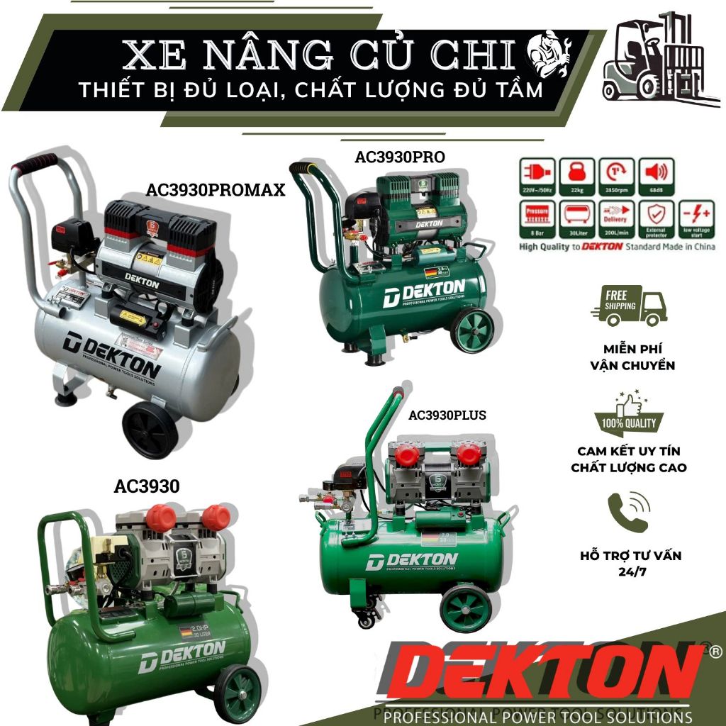 Máy nén khí không dầu 1500W Dekton DK-AC3930-PROMAX, 2piston nạp nhanh, giảm âm 2hp, bình nhôm 30L