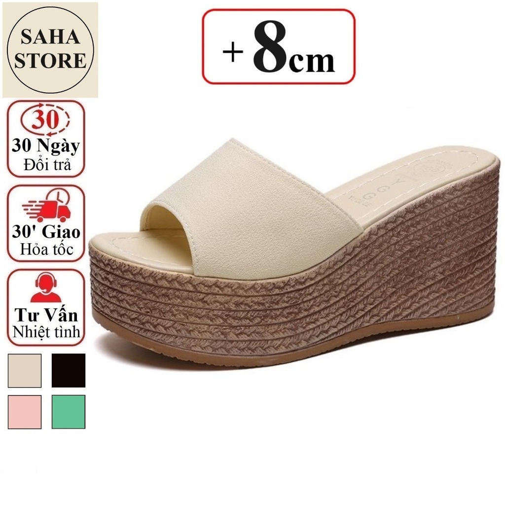  Dép nữ đế xuồng cao 8cm SAHA282 bigsize 43 42 41 đại cỡ lớn tăng 8 phân 8p nhẹ dày cói bánh mì cho mùa hè quai ngang to 