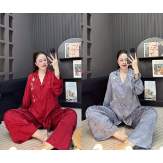  Đồ bộ tay dài quần dài lụa phi mã thêu hạc sang trọng nhiều màu cho nữ có size lên tới 80kg 