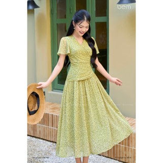 Váy Maxi Hoa Nhí Nhún Eo Xanh Bơ BEM Design (DR790)