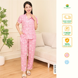 Đồ bộ nữ mặc nhà tole lanh Việt Thắng , bộ pijama quần dài áo cộc tay mềm mát họa tiết B08.5129