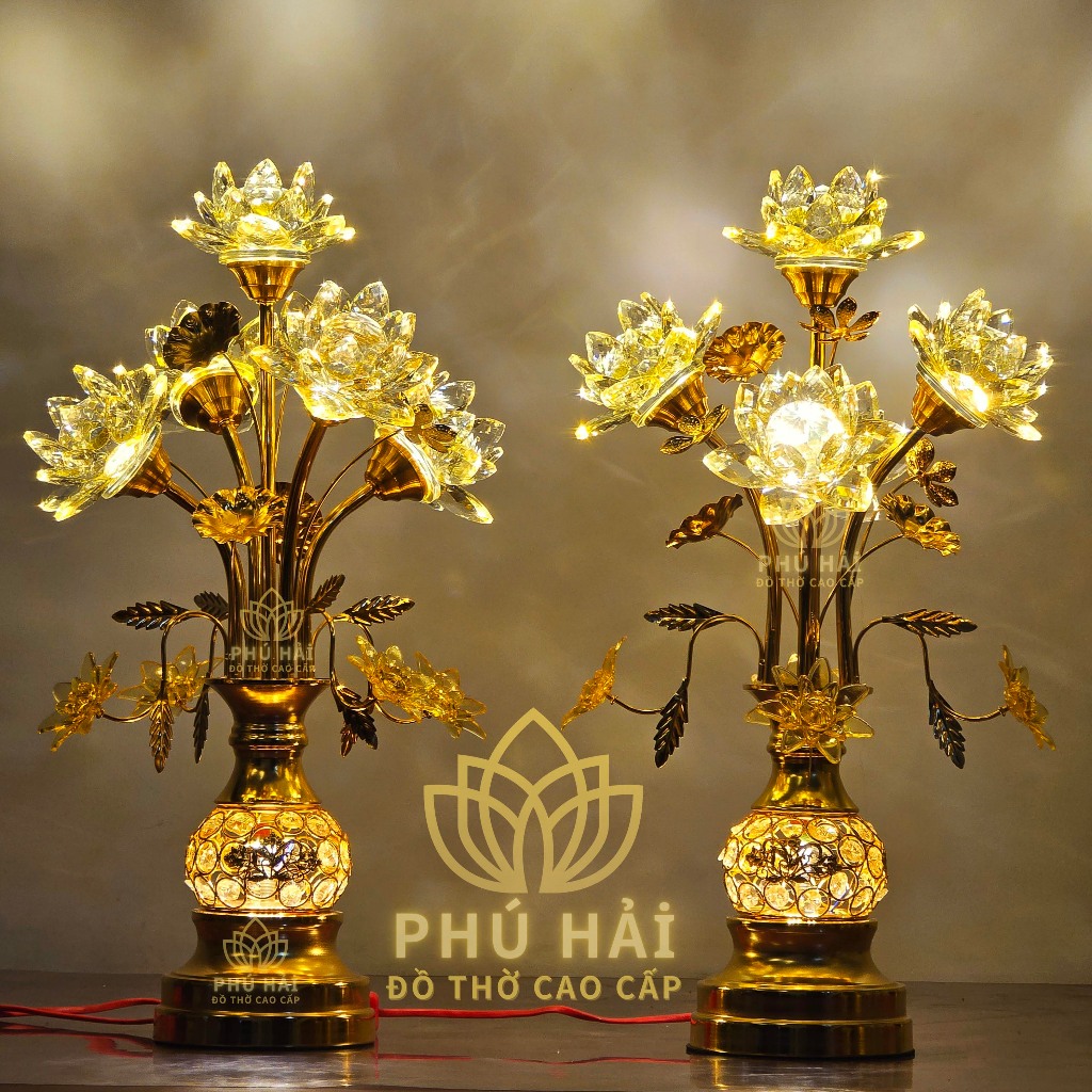 Đèn Thờ Sen Pha Lê 5 Bông Cao Cấp - Cao 56cm 63 cm - HCM Tặng Led Dự Phòng