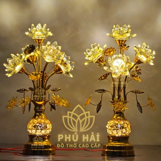 Đèn Thờ Sen Pha Lê 5 Bông Cao Cấp - Cao 56cm 63 cm - HCM Tặng Led Dự Phòng