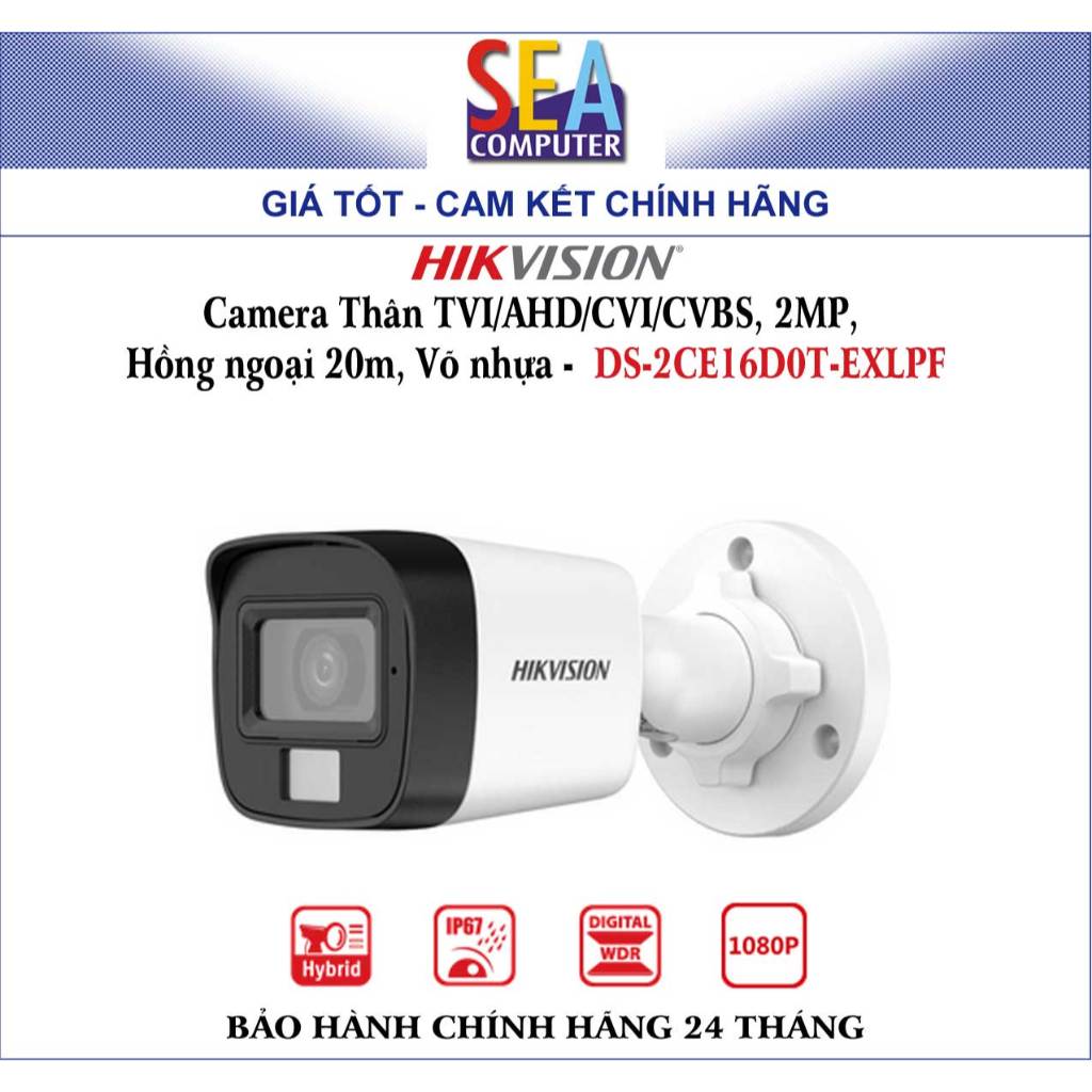 HIKVISION Camera Thân TVI/AHD/CVI/CVBS, 2MP,  Hồng ngoại 20m, Võ nhựa -  DS-2CE16D0T-EXLPF