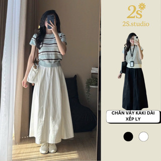   SẴN VẢI DÀY  Chân váy dài xếp ly kaki thô basic cạp cao maxi dáng xòe nàng thơ tiểu thư thu đông trắng đen 2S Studio 