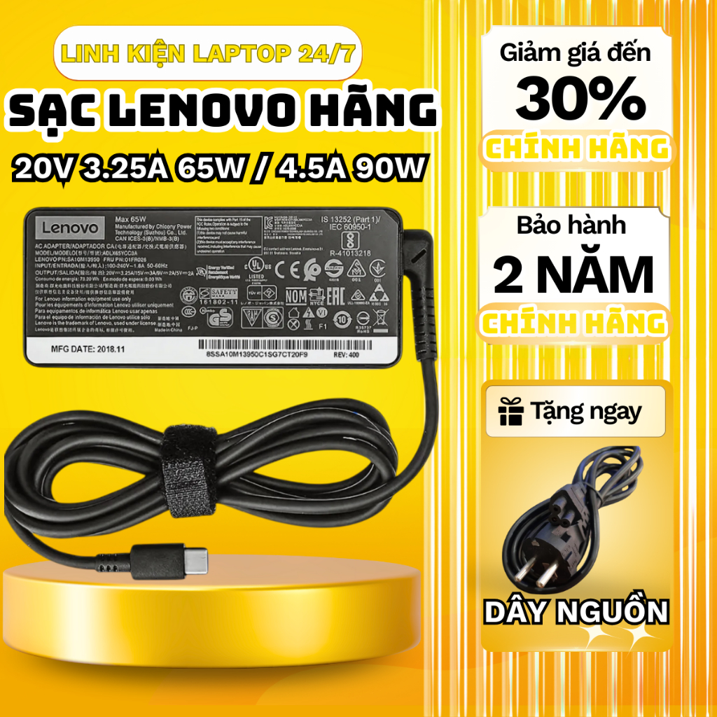 Sạc Laptop LENOVO 65W/90W, Sạc Laptop LENOVO 65W/90W, Sạc Lenovo Chân Vuông USB/Type C/Chân Nhỏ, Sạc