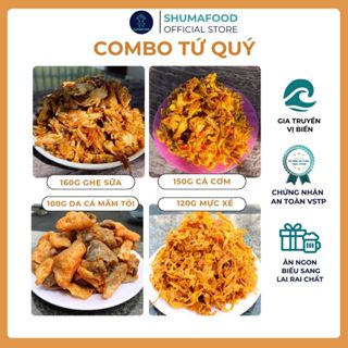  Combo Tứ Quý ShumaFoo gồm: 160g khô ghẹ 150g khô cá cơm 100g khô da cá mắm tỏi 120g khô mực xé 