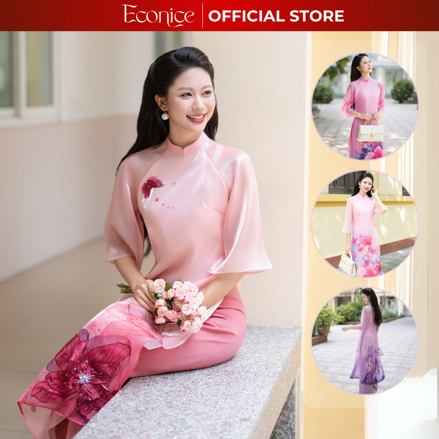 Áo dài cách tân nữ cao cấp họa tiết hoa mặc các dịp lễ tết truyền thống Econice 2024