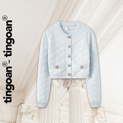 TINGOAN® - Áo len xù xanh nhạt cardigan cổ tròn vân quả trám nổi dài tay RACHEL TOP/BLUE
