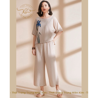  Set bộ linen sợi tre vẽ tay hoạ tiết hoa diên vĩ xinh xắn sang trọng phụ nữ trung niên bigsize tôn da tôn dáng quần dài 